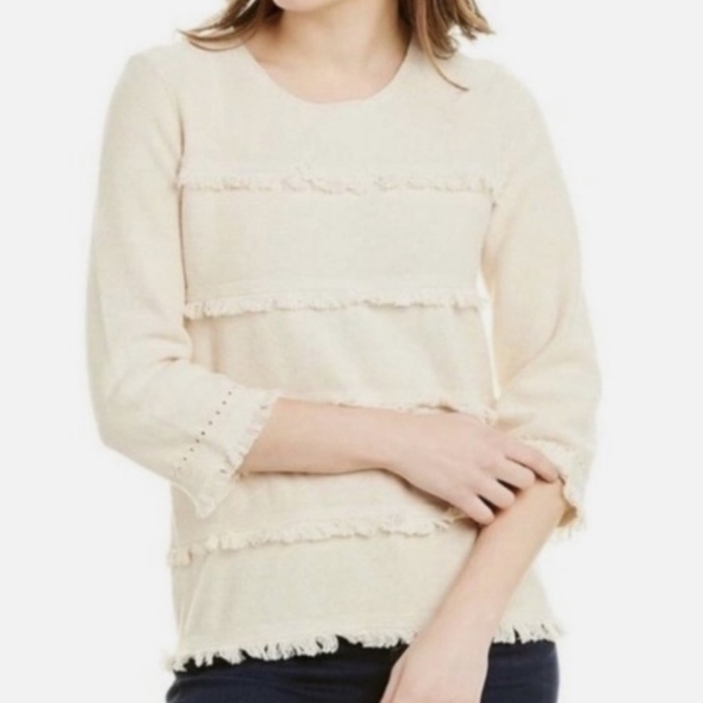 J. McLaughlin Women’s Torla Fringe Ivory‎ Sand Pullover Sweater Size Medium